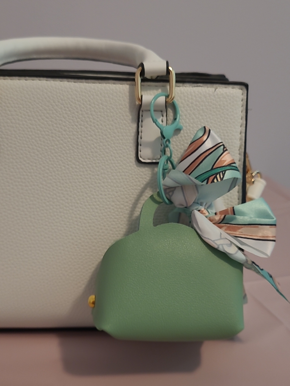 Mint Green Faux Leather Purse & Bow Charm Keychain